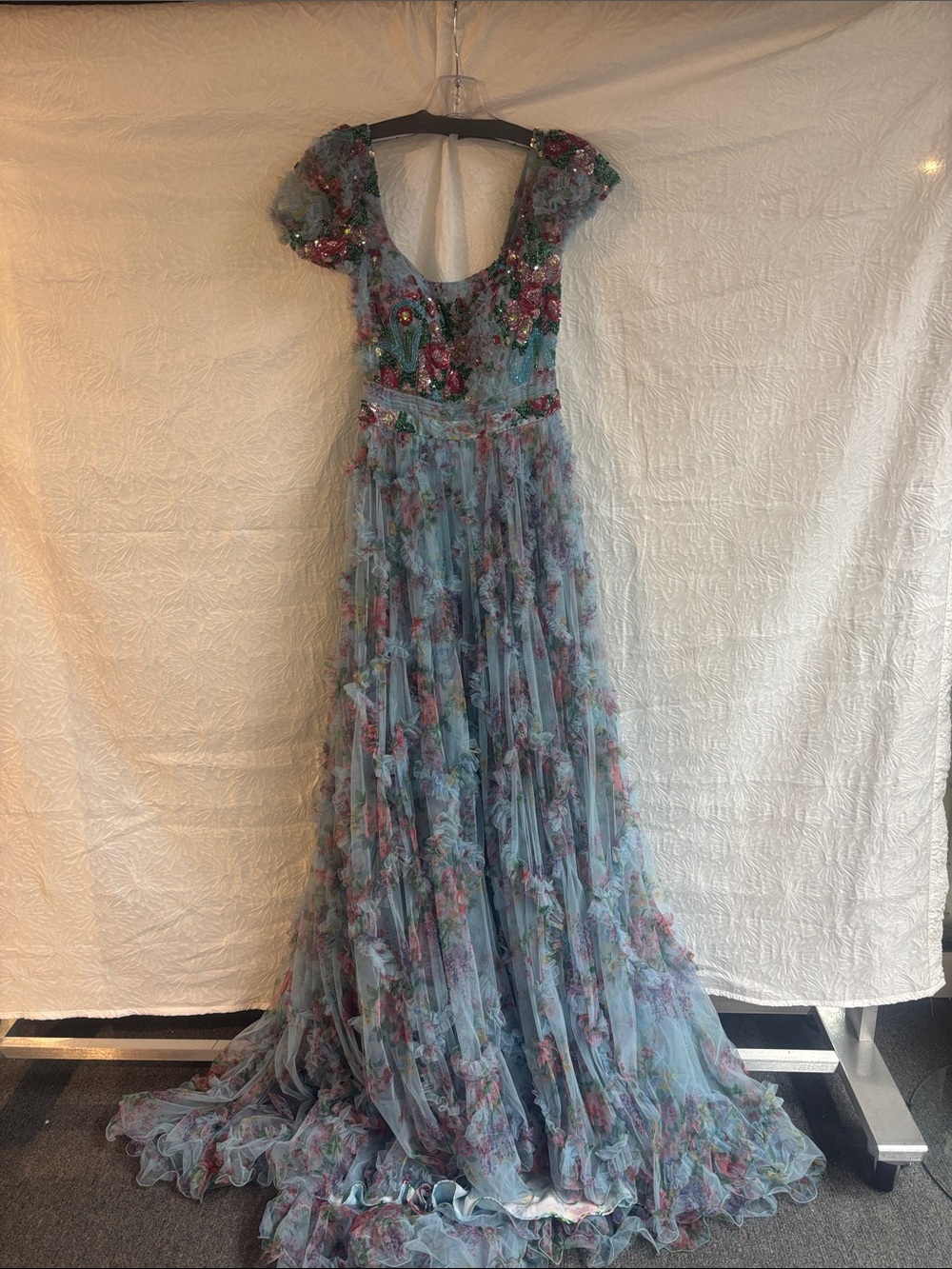 Sherri Hill 55560 Light Blue Floral Puff-Sleeve Tulle Gown - Picture 4 of 12